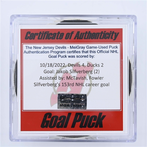 Jakob Silfverberg - Anaheim Ducks - Goal Puck - October 18, 2022 vs. New Jersey Devils  (Devils 40th Anniversary Logo)
