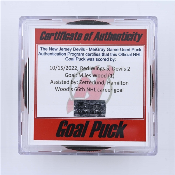 Miles Wood - New Jersey Devils - Goal Puck - October 15, 2022 vs. Detroit Red Wings (Devils 40th Anniversary Logo)