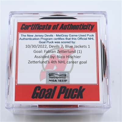 Fabian Zetterlund - New Jersey Devils - Goal Puck - October 30, 2022 vs. Columbus Blue Jackets (Devils 40th Anniversary Logo)  - 2022-23 NHL Season