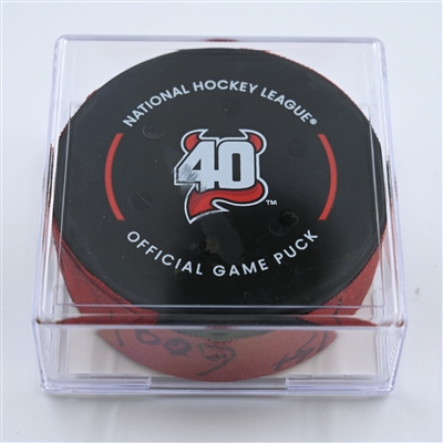 Fabian Zetterlund - New Jersey Devils - Goal Puck - October 30, 2022 vs. Columbus Blue Jackets (Devils' 40th Anniversary Logo)  - 2022-23 NHL Season