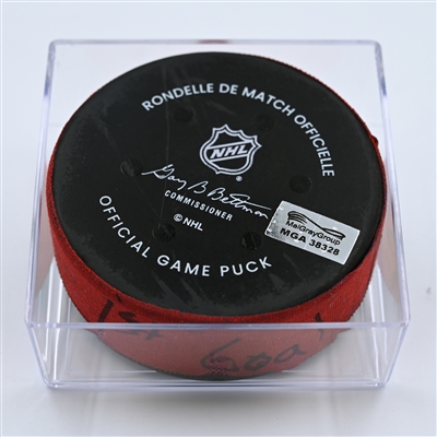 Fabian Zetterlund - New Jersey Devils - Goal Puck - October 30, 2022 vs. Columbus Blue Jackets (Devils' 40th Anniversary Logo)  - 2022-23 NHL Season