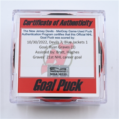 Ryan Graves - New Jersey Devils - Goal Puck - October 30, 2022 vs. Columbus Blue Jackets (Devils 40th Anniversary Logo)  - 2022-23 NHL Season
