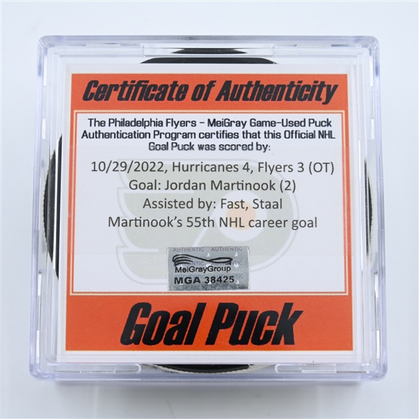 Jordan Martinook - Carolina Hurricanes - Goal Puck - October 29, 2022 vs Philadelphia Flyers (Philadelphia Flyers logo) - 2022-23 NHL Season