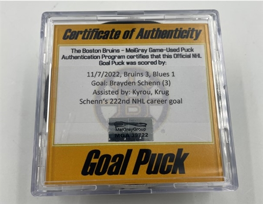 Brayden Schenn - St. Louis Blues - Goal Puck - November 7, 2022 vs. Boston Bruins (Bruins Logo)  - 2022-23 NHL Season