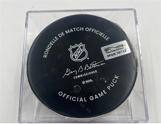 Brayden Schenn - St. Louis Blues - Goal Puck - November 7, 2022 vs. Boston Bruins (Bruins Logo)  - 2022-23 NHL Season