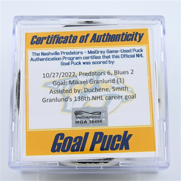 Mikael Granlund - Nashville Predators - Goal Puck - October 27, 2022 vs. St. Louis Blues (Predators Logo)  - 2022-23 NHL Season