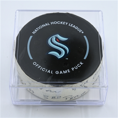 Elias Pettersson - Vancouver Canucks - Goal Puck - October 27, 2022 vs. Seattle Kraken (Kraken Logo)  - 2022-23 NHL Season