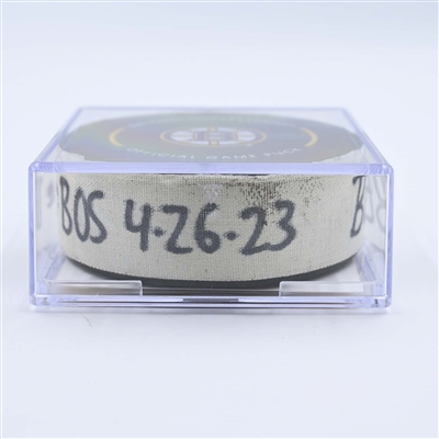 Patrice Bergeron - Boston Bruins - Goal Puck - April 30, 2023 vs. Florida Panthers - 2023 Stanley Cup Playoffs - Round 1, Game 5 (Bruins Logo)