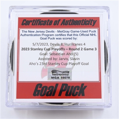 Sebastian Aho - Carolina Hurricanes - Goal Puck - May 7, 2023 vs. New Jersey Devils - 2023 Stanley Cup Playoffs - Round 2, Game 3 (Devils' 40th Anniversary Logo) 