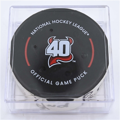 Sebastian Aho - Carolina Hurricanes - Goal Puck - May 7, 2023 vs. New Jersey Devils - 2023 Stanley Cup Playoffs - Round 2, Game 3 (Devils' 40th Anniversary Logo) 