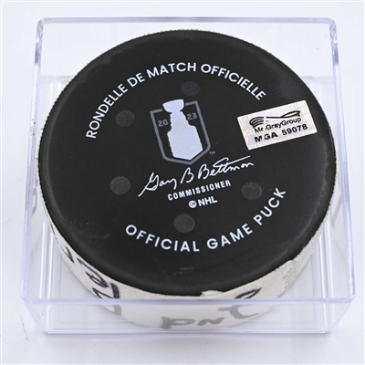 Sebastian Aho - Carolina Hurricanes - Goal Puck - May 7, 2023 vs. New Jersey Devils - 2023 Stanley Cup Playoffs - Round 2, Game 3 (Devils' 40th Anniversary Logo) 