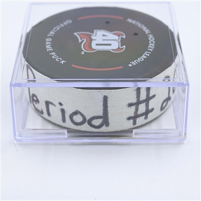 Sebastian Aho - Carolina Hurricanes - Goal Puck - May 7, 2023 vs. New Jersey Devils - 2023 Stanley Cup Playoffs - Round 2, Game 3 (Devils' 40th Anniversary Logo) 