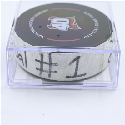 Sebastian Aho - Carolina Hurricanes - Goal Puck - May 7, 2023 vs. New Jersey Devils - 2023 Stanley Cup Playoffs - Round 2, Game 3 (Devils' 40th Anniversary Logo) 