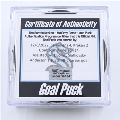 Josh Anderson - Montreal Canadiens - Goal Puck - December 6, 2022 vs. Seattle Kraken (Kraken Logo) 