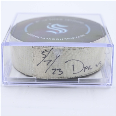 Matty Beniers - Seattle Kraken - Goal Puck - May 7, 2023 vs. Dallas Stars - 2023 Stanley Cup Playoffs - Round 2, Game 3 (Kraken Logo) 