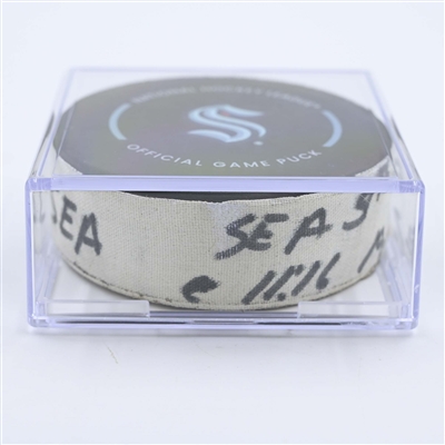 Matty Beniers - Seattle Kraken - Goal Puck - May 13, 2023 vs. Dallas Stars - 2023 Stanley Cup Playoffs - Round 2, Game 6 (Kraken Logo) 