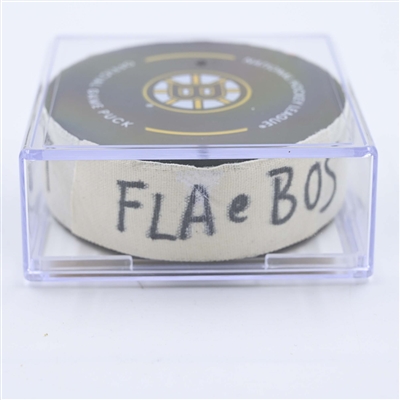 Sam Bennett - Florida Panthers - Goal Puck - April 19, 2023 vs. Boston Bruins - 2023 Stanley Cup Playoffs - Round 1, Game 2 (Bruins Logo)