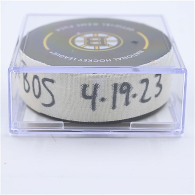 Sam Bennett - Florida Panthers - Goal Puck - April 19, 2023 vs. Boston Bruins - 2023 Stanley Cup Playoffs - Round 1, Game 2 (Bruins Logo)