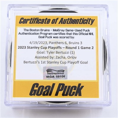 Tyler Bertuzzi - Boston Bruins - Goal Puck - April 19, 2023 vs. Florida Panthers - 2023 Stanley Cup Playoffs - Round 1, Game 2 (Bruins Logo)