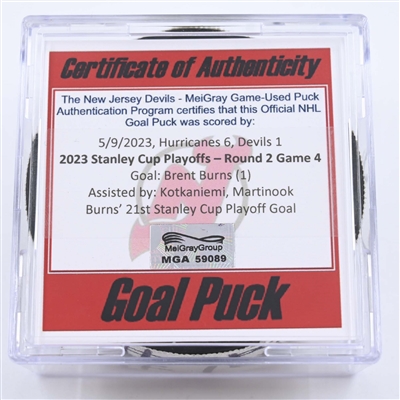 Brent Burns - Carolina Hurricanes - Goal Puck - May 9, 2023 vs. New Jersey Devils - 2023 Stanley Cup Playoffs - Round 2, Game 4 (Devils' 40th Anniversary Logo) 