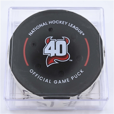 Brent Burns - Carolina Hurricanes - Goal Puck - May 9, 2023 vs. New Jersey Devils - 2023 Stanley Cup Playoffs - Round 2, Game 4 (Devils' 40th Anniversary Logo) 