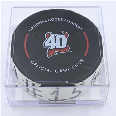 Cal Clutterbuck - New York Islanders - Goal Puck - December 9, 2022 vs. New Jersey Devils (Devils' 40th Anniversary Logo) 