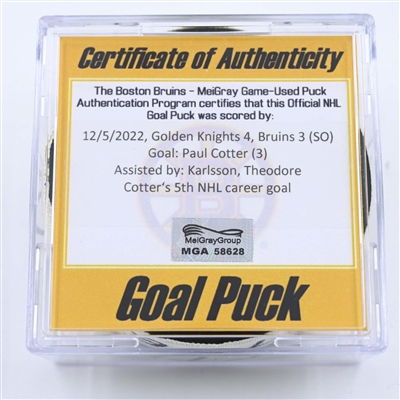 Paul Cotter - Vegas Golden Knights - Goal Puck - December 5, 2022 vs. Boston Bruins (Bruins Logo) 