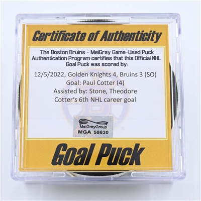 Paul Cotter - Vegas Golden Knights - Goal Puck - December 5, 2022 vs. Boston Bruins (Bruins Logo) 