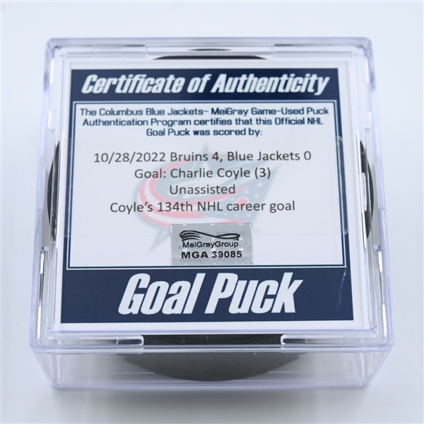 Charlie Coyle - Boston Bruins - Goal Puck - October 28, 2022 vs. Columbus Blue Jackets (Blue Jackets Logo)  - 2022-23 NHL Season