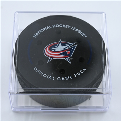 Charlie Coyle - Boston Bruins - Goal Puck - October 28, 2022 vs. Columbus Blue Jackets (Blue Jackets Logo)  - 2022-23 NHL Season