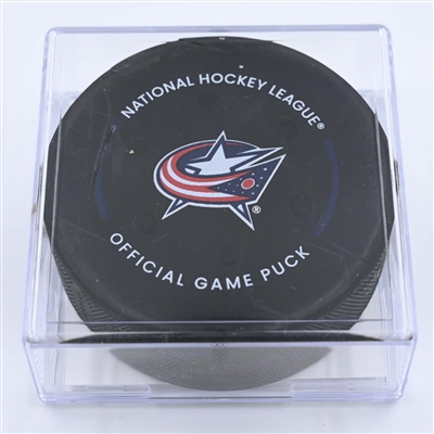 Dylan Cozens - Buffalo Sabres - Goal Puck - December 7, 2022 vs. Columbus Blue Jackets (Blue Jackets Logo) 