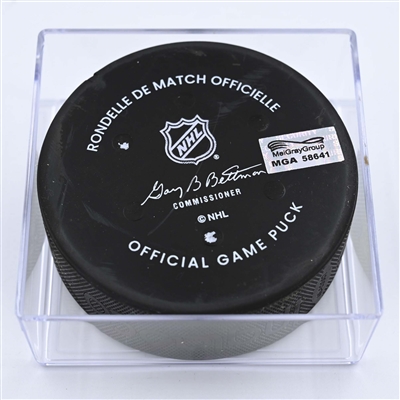 Dylan Cozens - Buffalo Sabres - Goal Puck - December 7, 2022 vs. Columbus Blue Jackets (Blue Jackets Logo) 