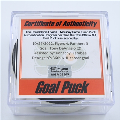 Tony DeAngelo - Philadelphia Flyers - Goal Puck - October 27, 2022 vs. Florida Panthers (Flyers Logo)  - 2022-23 NHL Season