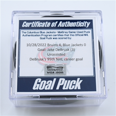 Jake DeBrusk - Boston Bruins - Goal Puck - October 28, 2022 vs. Columbus Blue Jackets (Blue Jackets Logo)  - 2022-23 NHL Season