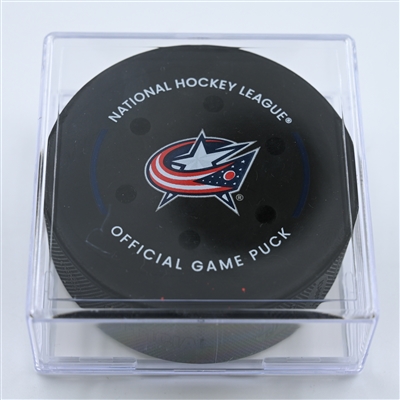 Jake DeBrusk - Boston Bruins - Goal Puck - October 28, 2022 vs. Columbus Blue Jackets (Blue Jackets Logo)  - 2022-23 NHL Season