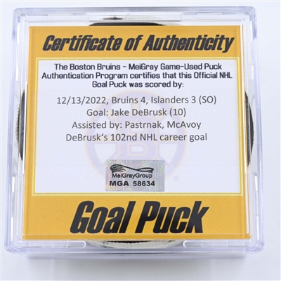 Jake DeBrusk - Boston Bruins - Goal Puck - December 13, 2022 vs. New York Islanders (Bruins Logo) 