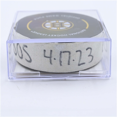 Jake DeBrusk - Boston Bruins - Goal Puck - April 17, 2023 vs. Florida Panthers - 2023 Stanley Cup Playoffs - Round 1, Game 1 (Bruins Logo)
