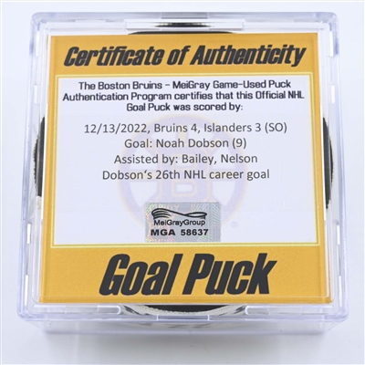 Noah Dobson - New York Islanders - Goal Puck - December 13, 2022 vs. Boston Bruins (Bruins Logo) 
