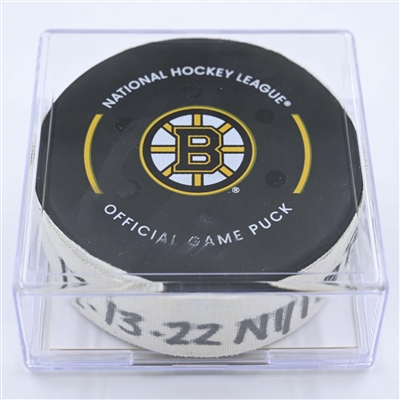 Noah Dobson - New York Islanders - Goal Puck - December 13, 2022 vs. Boston Bruins (Bruins Logo) 