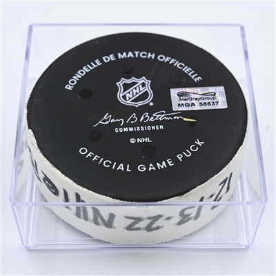 Noah Dobson - New York Islanders - Goal Puck - December 13, 2022 vs. Boston Bruins (Bruins Logo) 