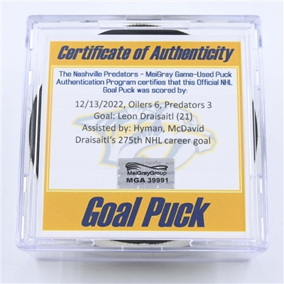 Leon Draisaitl - Edmonton Oilers - Goal Puck - December 13, 2022 vs. Nashville Predators (Predators Logo) 