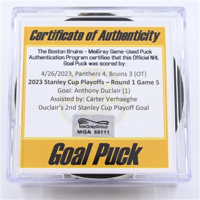 Anthony Duclair - Florida Panthers - Goal Puck - April 26, 2023 vs. Boston Bruins - 2023 Stanley Cup Playoffs - Round 1, Game 5 (Bruins Logo) 