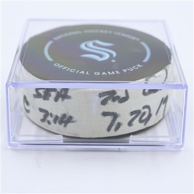Jordan Eberle - Seattle Kraken - Goal Puck - May 13, 2023 vs. Dallas Stars - 2023 Stanley Cup Playoffs - Round 2, Game 6 (Kraken Logo) 