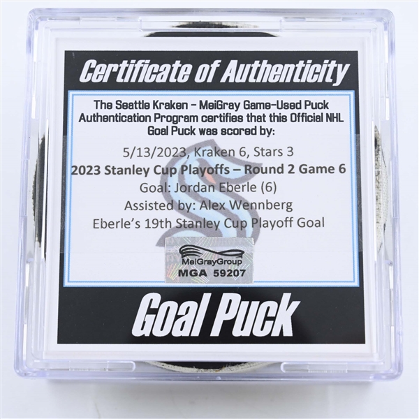 Jordan Eberle - Seattle Kraken - Goal Puck - May 13, 2023 vs. Dallas Stars - 2023 Stanley Cup Playoffs - Round 2, Game 6 (Kraken Logo) 