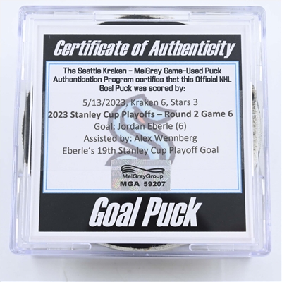 Jordan Eberle - Seattle Kraken - Goal Puck - May 13, 2023 vs. Dallas Stars - 2023 Stanley Cup Playoffs - Round 2, Game 6 (Kraken Logo) 