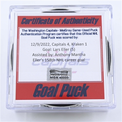 Lars Eller - Washington Capitals - Goal Puck - December 9, 2022 vs. Seattle Kraken (Capitals Logo) 