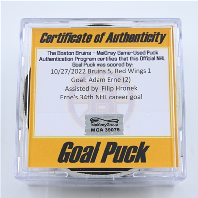 Adam Erne - Detroit Red Wings - Goal Puck - October 27, 2022 vs. Boston Bruins (Bruins Logo)  - 2022-23 NHL Season