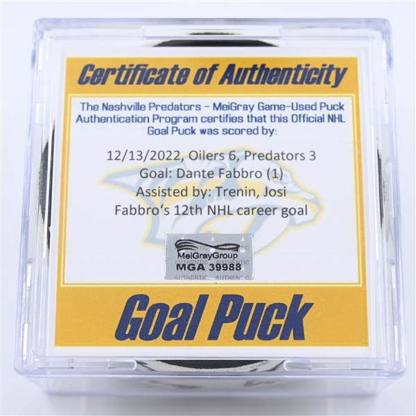 Dante Fabbro - Nashville Predators - Goal Puck - December 13, 2022 vs. Edmonton Oilers (Predators Logo) 