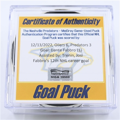 Dante Fabbro - Nashville Predators - Goal Puck - December 13, 2022 vs. Edmonton Oilers (Predators Logo) 