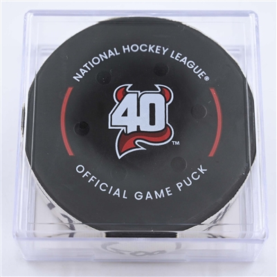 Jesper Fast - Carolina Hurricanes - Goal Puck - May 9, 2023 vs. New Jersey Devils - 2023 Stanley Cup Playoffs - Round 2, Game 4 (Devils' 40th Anniversary Logo) 